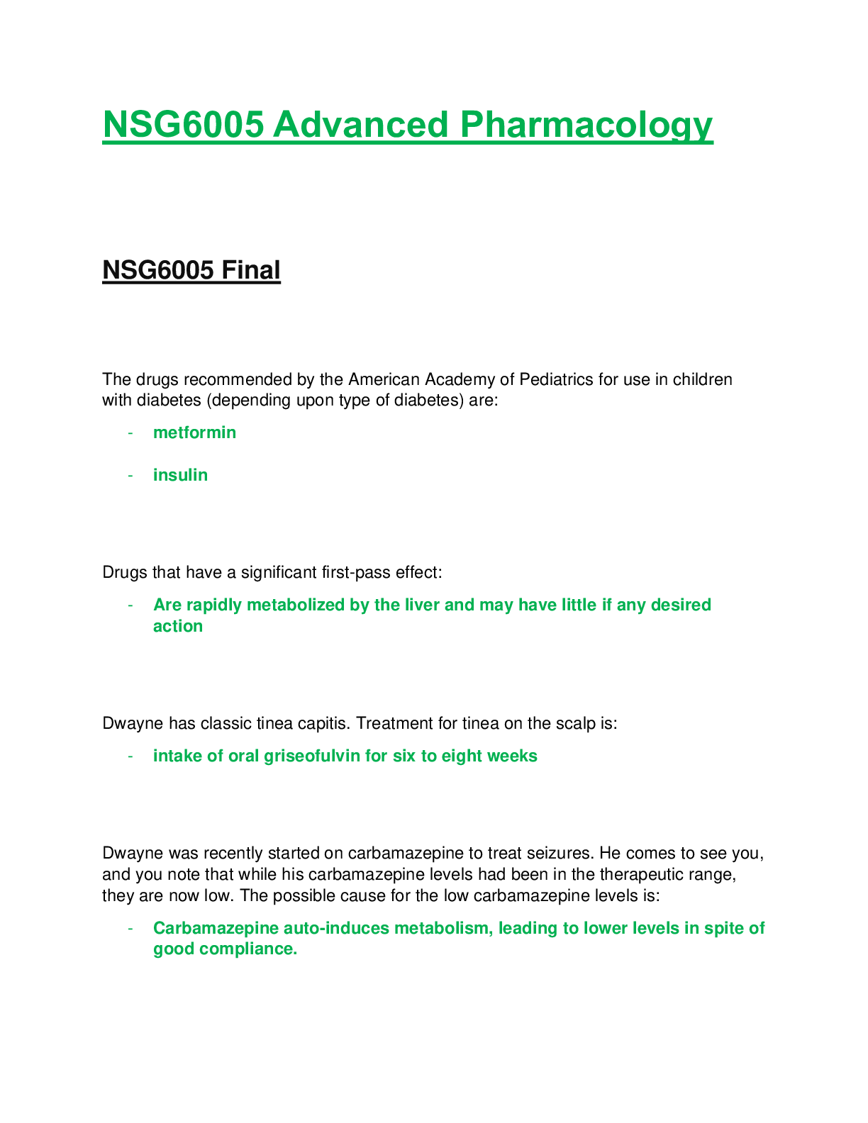 Preview of NSG6005 / NSG 6005: Advanced Pharmacology Final Exam Latest Update South University